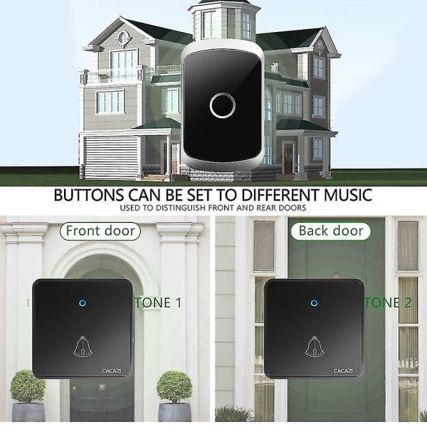 Trådløs dørklokke 300M Fjernbetjening Batteri Vandtæt stik Smart House Ringbell (sort)