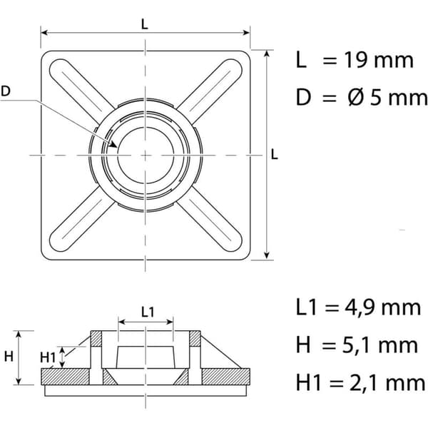 100 selvklæbende kabelbindere. 19mm x 19mm. Sort. Selvklæbende kabelbindere. Plastikkabelbinderstøtte. Til kabelbindere