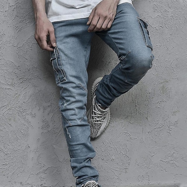 Skinny Denim Jeans för män Casual Slim Fit Byxor Byxor Blue S