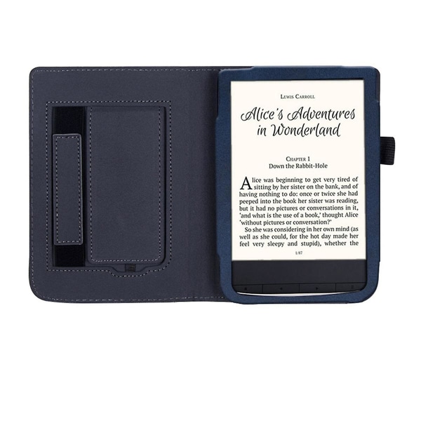 För Pocketbook Touch HD 3 E-Reader Stand Cover Flip PU- case med handhållare Mörkblå