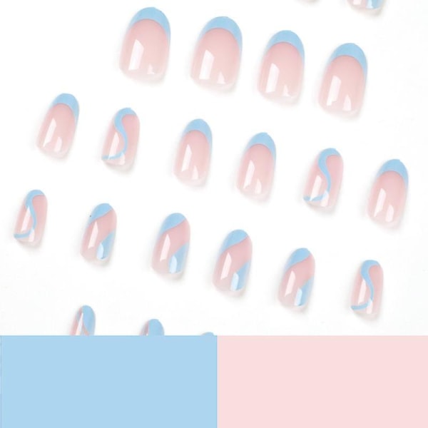 24 pakke damenegle ovale stil fransk blå linje bølger til sommer gør-det-selv manicure værktøj Fuld dækning negle stickersrx11557