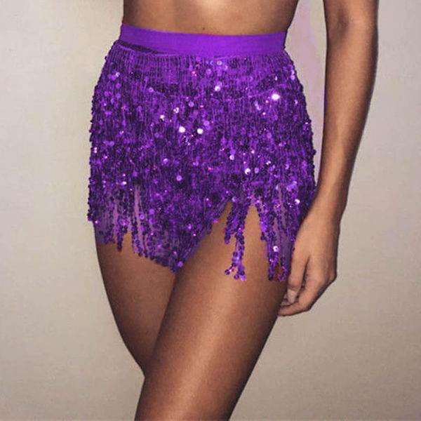 Kvinders Sequin Mave Danser Kostume Tassel Wrap Skørt Club Mini Skørt Purple