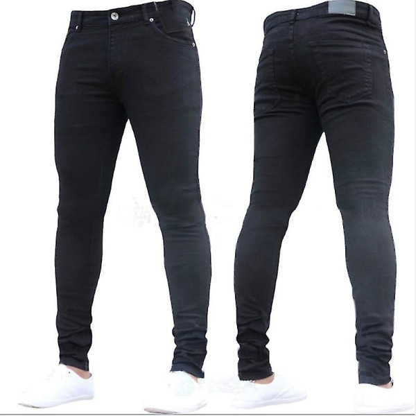 Män Skinny Jeans Stretchy Denim Långbyxor Slim Fit Byxor Black 2XL