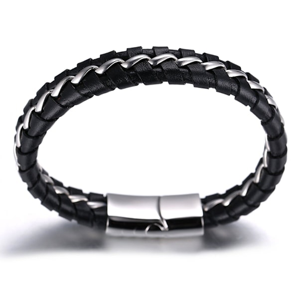 Drenge Ægte Læder Armbånd Sort Titanium Sølv Kæde Magnetisk Lås 7\" / 18cm