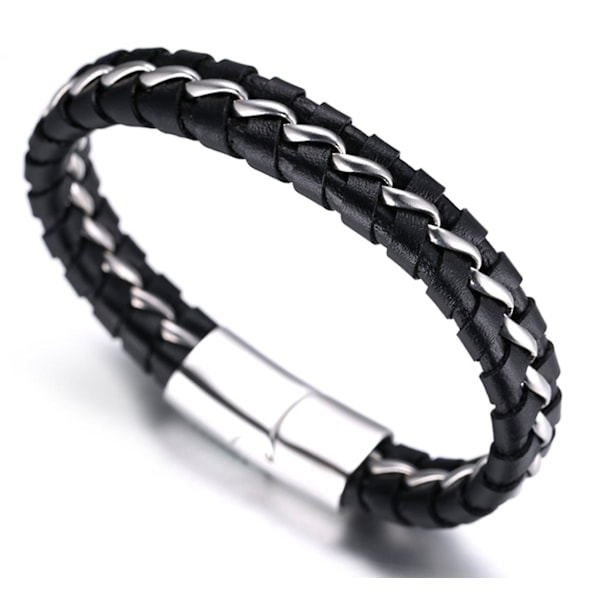 Drenge Ægte Læder Armbånd Sort Titanium Sølv Kæde Magnetisk Lås 7\" / 18cm