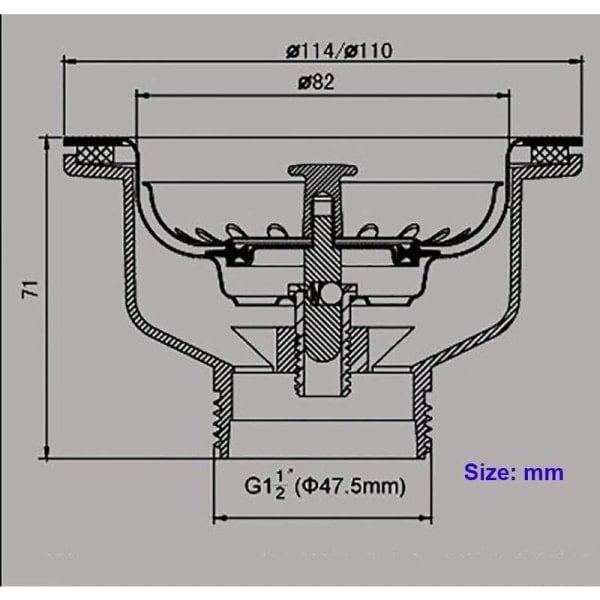 Ruostumattomasta teräksestä valmistettu pesuallassiivilä, ei ylivuotoa, korin halkaisija 110 mm 1½ tuumaa, ruostumaton teräs + ABS-viemäri + kori