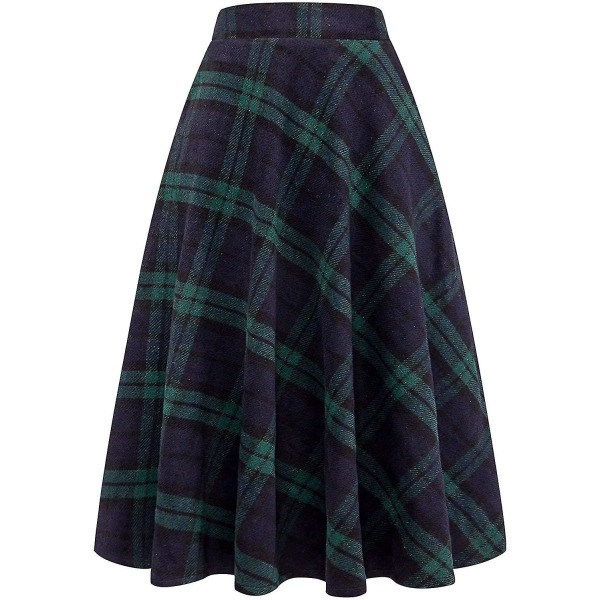 Sunrain Dame Høj Elastisk Talje Maxi Skørt A-linje Tartan Vinter Varmt Flare Langt Skørt