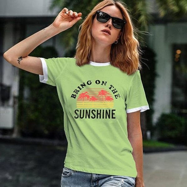 Dame T-Shirt Tops til Kvinder Solskin Bogstav Trykte Tops Mode Tops Dame Bluse T-Shirt Casual Løst Kortærmet Skjorte Sommer Tops 1green XXL