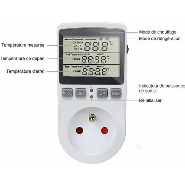 Digital Termostatstik med Temperaturregulator til Opvarmning og Køling, Inkluderer Probe. LCD Temperaturregulator Stik med Timer