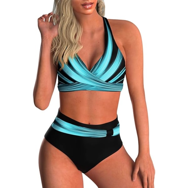 Damernas Tvådelade Baddräkt Wrap Bikini Hög Midja Botten Tummy Controlling Baddräkt Vintage Tryckt Baddräkt blue stripes N