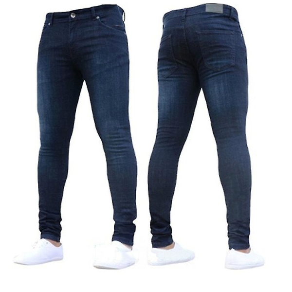 Män Skinny Jeans Stretchy Denim Långbyxor Slim Fit Byxor Navy Blue 2XL