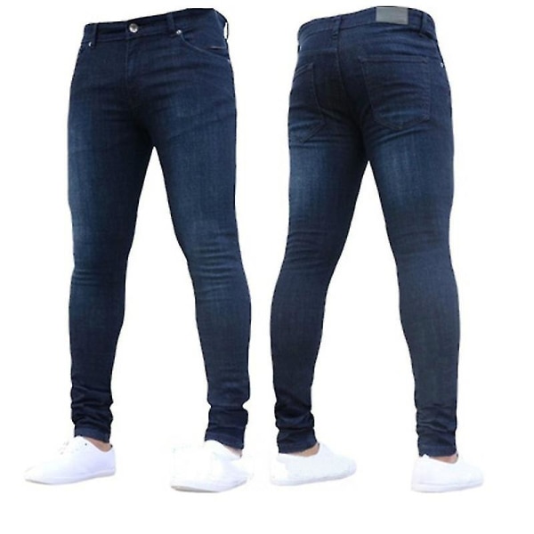 Män Skinny Jeans Stretchy Denim Långbyxor Slim Fit Byxor Navy Blue L