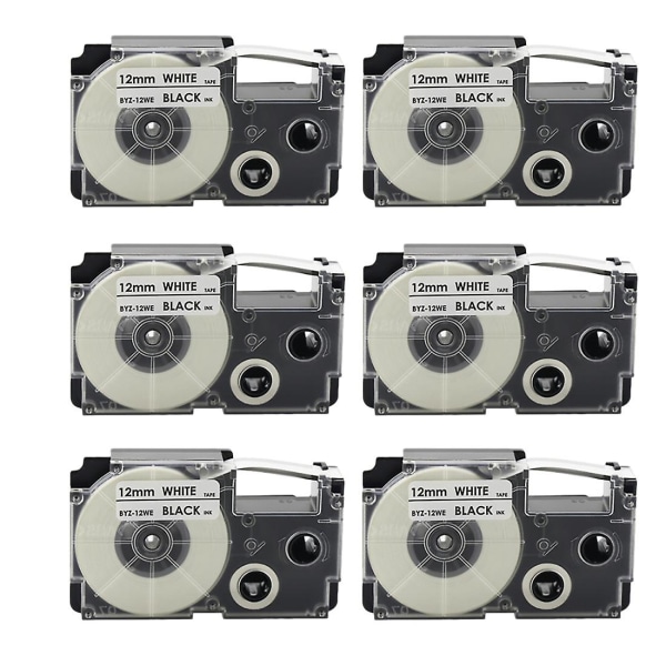 6-pack 12mm svart på vitt Etikettband För -120 -e300 -60 -100 Kl750b Kl820 Kl750 Kl7200 Etikett Pri