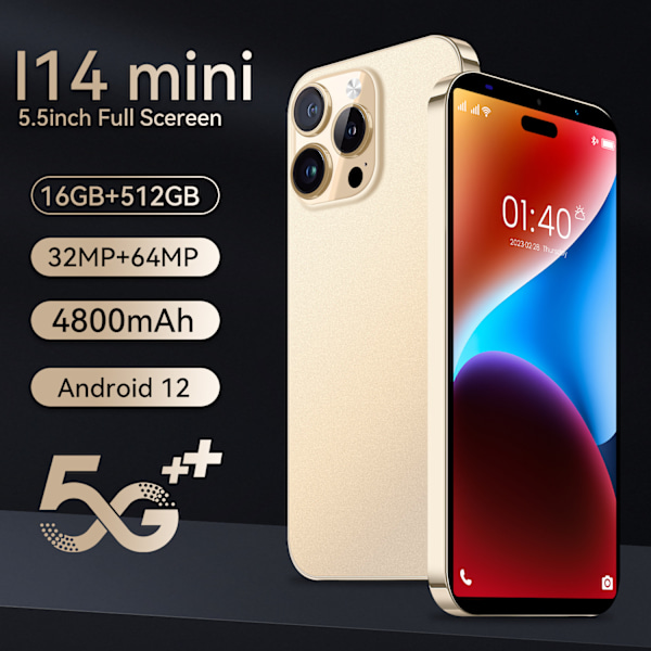 Ny i14 mini gränsöverskridande 5,5-tums 16+512 smart island smartphone-skärm gold
