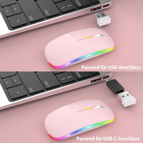 Trådløs Bluetooth dual-mode mus med lading, lydløs og lysende - dual-mode Bluetooth lysende - rosa