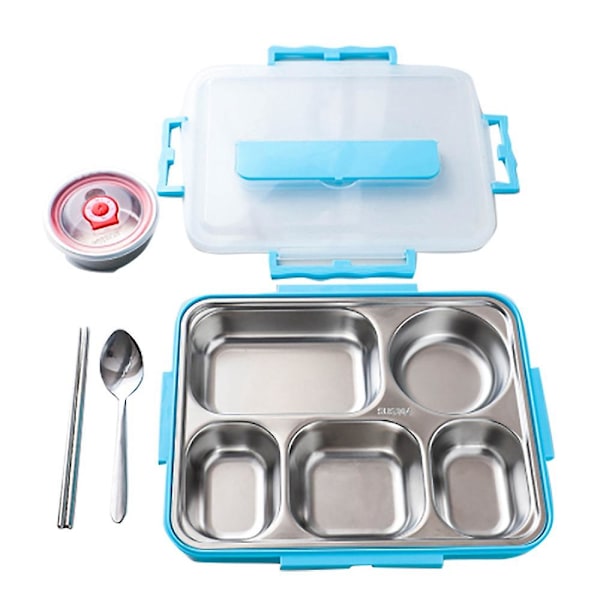 Lunchbox i rostfritt stål med 5 fack, läckagesäker, stor bentobox, soppbehållare, skolmiddag