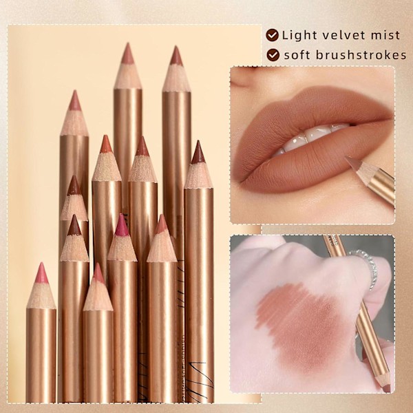 12 Färger Matt Läpppenna Set, Professionell Konturering och Volumgivande Läppdefinitionspenna, 2-i-1 Mjuk och Långvarig Makeup Läppfyllande Penna & Läppstift