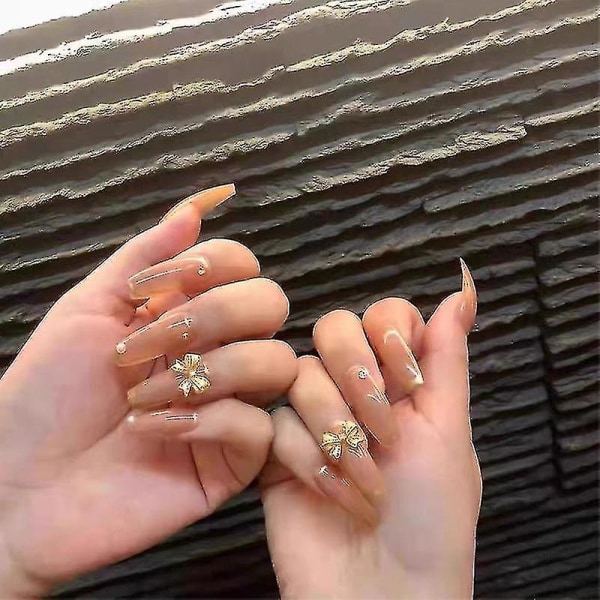 Gør-det-selv Champagne Guld Sommerfugl Perle 3d Håndlavet aftageligt neglemærke Mode Medium Lang Iført Manicure Sticker Decoration_b