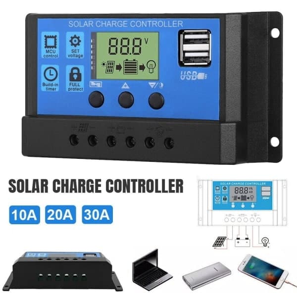 Solpanel Laddare 30A 20A 10A Kontroller 12V/24V LCD Regulator Dubbel USB 30A