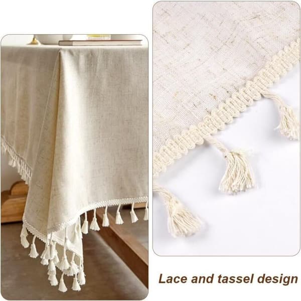 Beige flekkbestandig vaskbar duk med dusker. 140x180cm rektangulær bomullsduk. Rektangulær beige flekk
