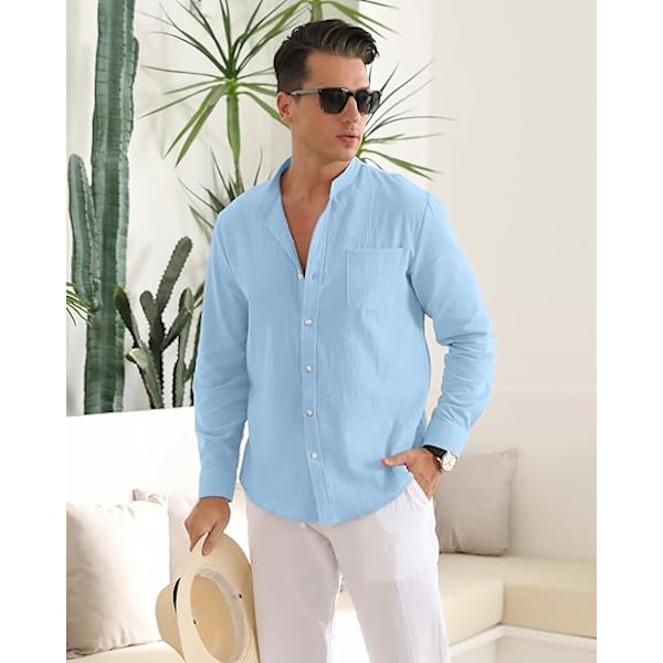 Menn Casual Bomullslin Skjorter Lang Erme Knapp Ned Skjorter med Lomme Light Blue XL