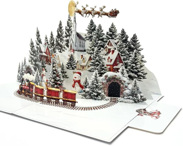 3D Julkort, vinternattstad, snögubbe och skogsdesign, handgjorda julklappar.