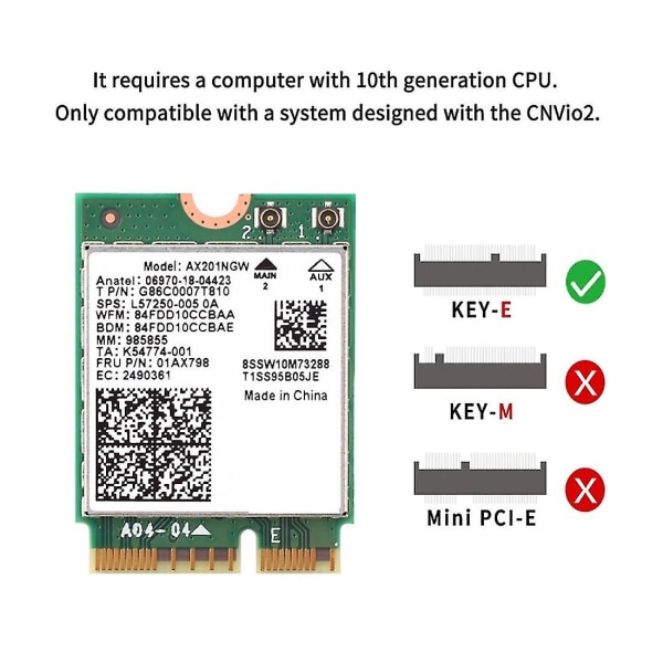 2024 Wi-Fi 6 AX201 M.2 Key E CNVio 2 Wifi-kort Dual Band 3000 Mbps trådløs til Bluetooth 5.0 AX201NGW, wi