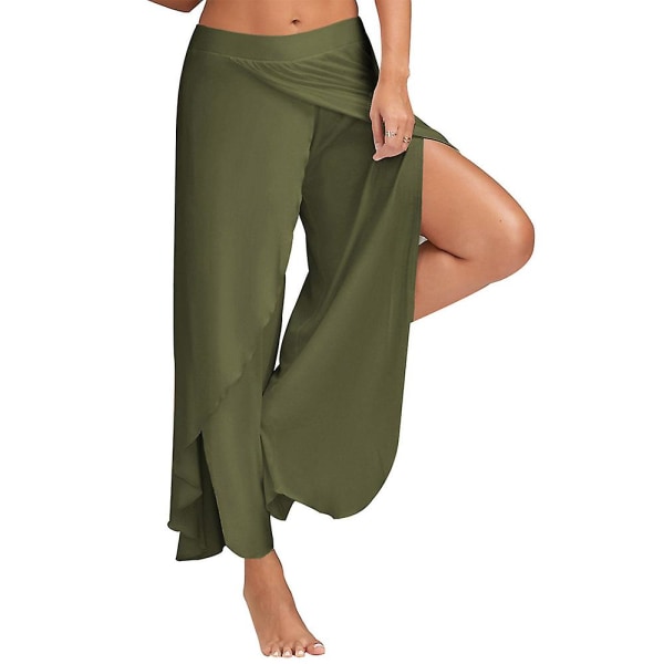 Plus-koon naisten casual löysät, tavalliset joogahousut, sivulta halkaistut hengittävät urheilukuntosali pilateshousut Army Green 2XL