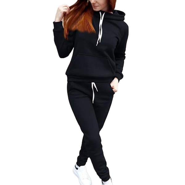 Dam Sport Gym Träningsoverall Sweatshirt Huvtröjor + Dragsko Byxor Set 2st/ set Black M