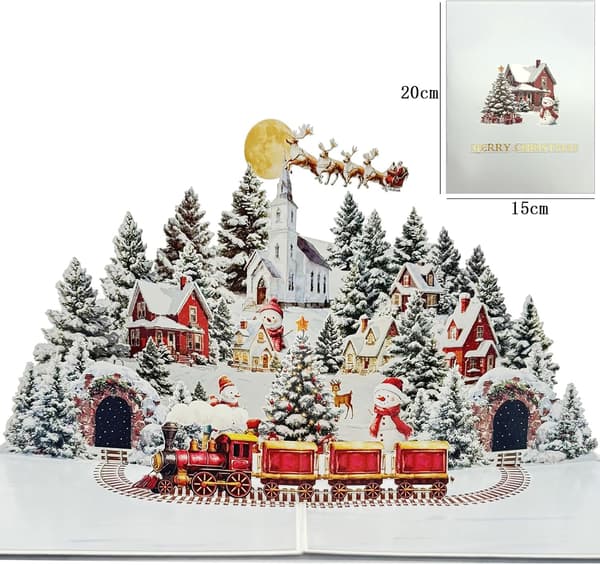 3D Julkort, vinternattstad, snögubbe och skogsdesign, handgjorda julklappar.