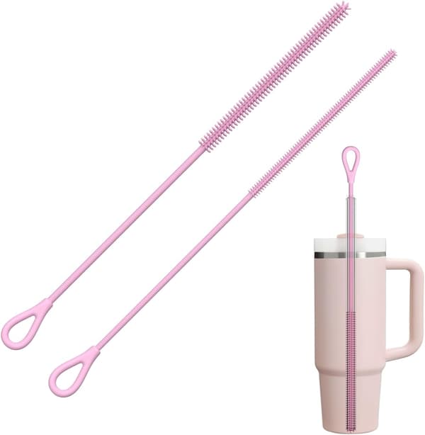 Sugrörsrengöringsborste i silikon, 2-pack återanvändbara sugrörsborstar, rosa