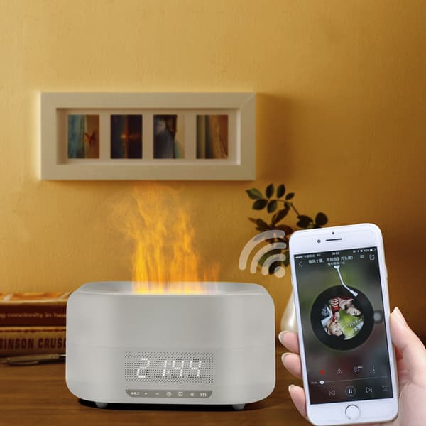 Smart skrivbordsdiffusor med simulerad låga, tidslarmklocka, Bluetooth och stor kapacitet för atmosfärsfuktare (ny modell)
