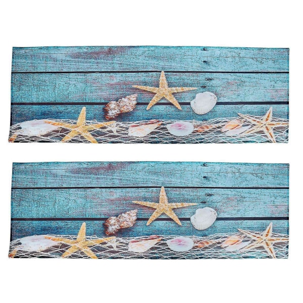 2x retro blå tregulv fiskenett konkylie skjell sjøstjerne Nautisk sklisikker dekorativ badematte