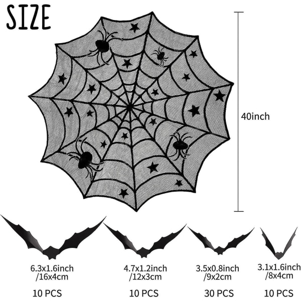 5 Pack Halloween Spider Decorations Setit -Halloween Takkahuivi & Pyöreä Pöydän Cover & Pitsi Pöytälenkki & Hämähäkinverkko lampunvarjostin & 60 Kpl Scary 3
