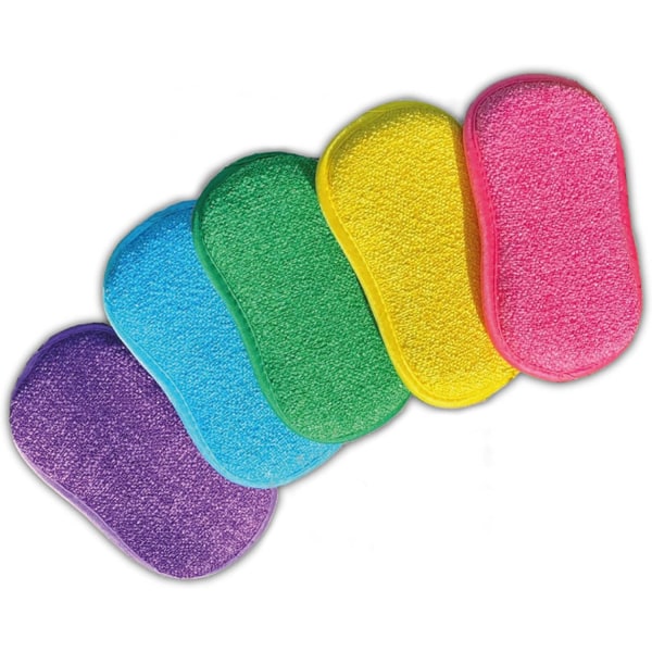 Sæt med 5 genanvendelige dobbeltsidede svampe - Kan maskinvaskes - Anti-ridse og multi-overflade - Tilfældige farver - 11 cm x 16 cm