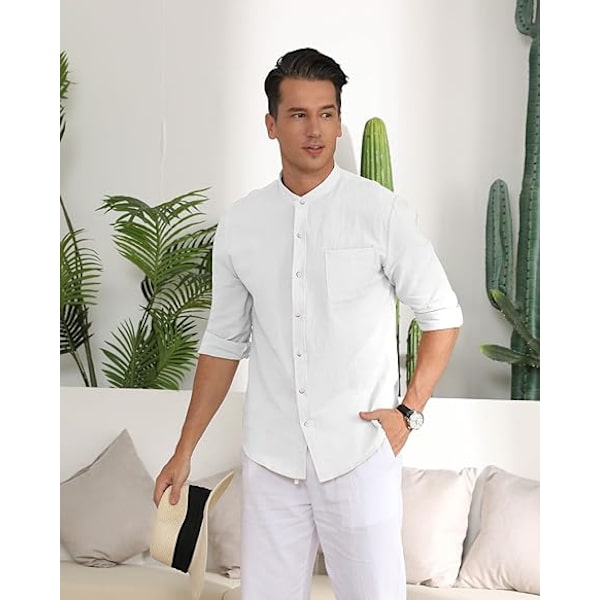 Menn Casual Bomullslin Skjorter Lang Erme Knapp Ned Skjorter med Lomme White M