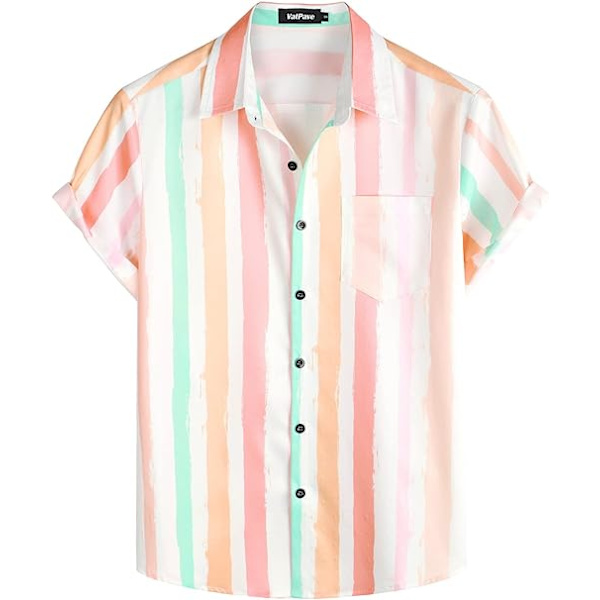 Mäns Randiga Sommartröjor Casual Knapp-Ner Kortärmad Strand Snygga Tröjor Whitepink 4XL