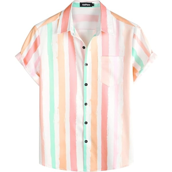 Stribede sommerskjorter til mænd Casual Button Down kortærmede strand-stilfulde skjorter Whitepink L