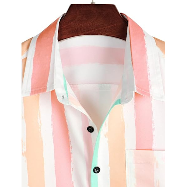 Mäns Randiga Sommartröjor Casual Knapp-Ner Kortärmad Strand Snygga Tröjor Whitepink 4XL