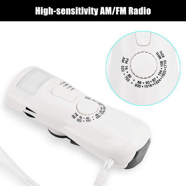 Kannettava hätävirtalähde käsikammella toimivalla generaattorilla, AM/FM-radiolla, taskulampulla ja kompassilla
