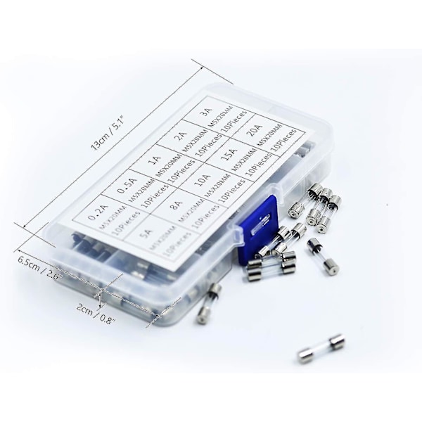 100 stk. Fine Fuse Glass Sikringer Glasrør Sikringer 0,2a-20a Amp Assorteret Sæt Med Opbevaringsboks 5 X 20mm Assorteret Box