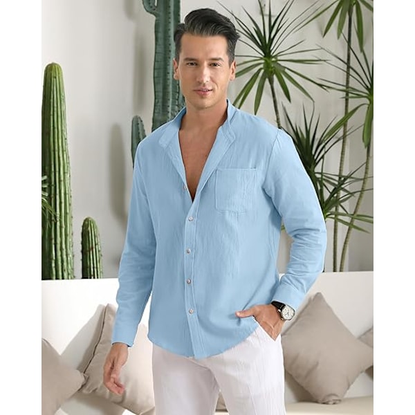 Menn Casual Bomullslin Skjorter Lang Erme Knapp Ned Skjorter med Lomme Light Blue XL