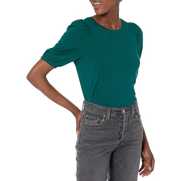 Dame Classic-Fit Puff Kortærmet Rundhals T-skjorte Dark Green XL