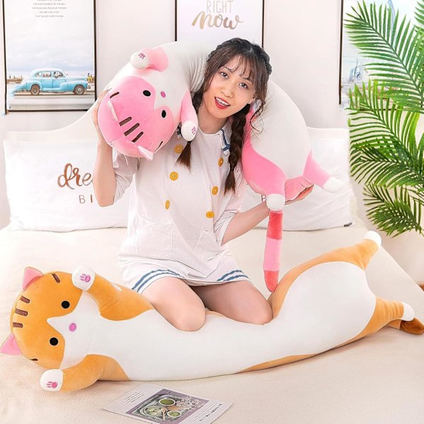 Lång Katt Plysch Kudde Mjuk Katt Goskudde Plysch Djurkudde Söt Kattunge Sovkudde Barnpresent (70cm/27.5tum, Rosa)