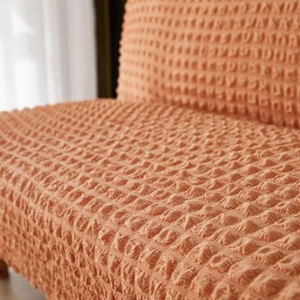 (Beige, 3-sits) Elastiskt armlöst sofföverdrag för 2/3-sits soffor. Seersucker Bäddsofföverdrag, Universellt heltäckande,