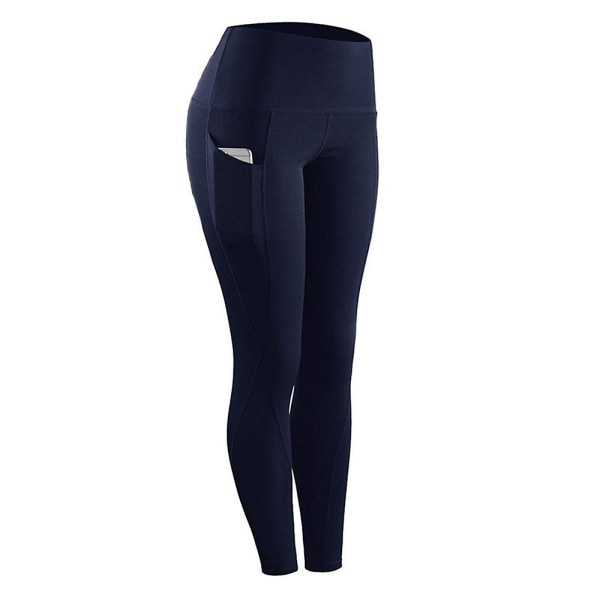 Kvinnor Casual Slim Fit Vanliga Leggings med hög midja Sport Yoga Ankellånga byxor med fickor Navy Blue XL