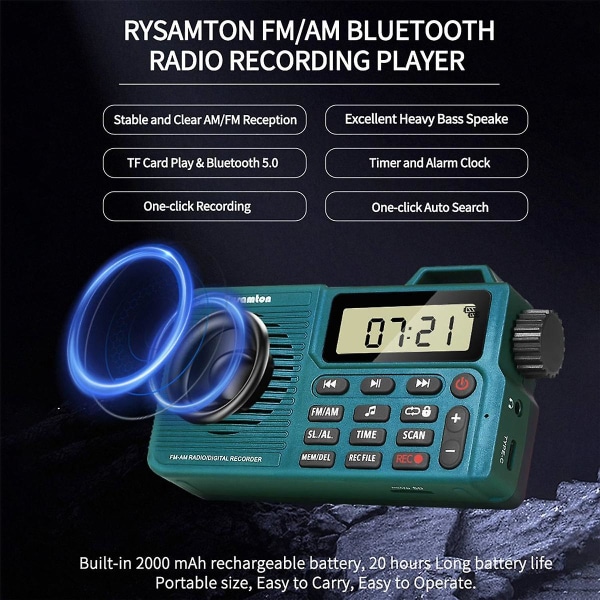 AM/FM-radio, Bluetooth-fickradio med bas, stöd för Micro-SD-kort och inspelning, lång batteritid
