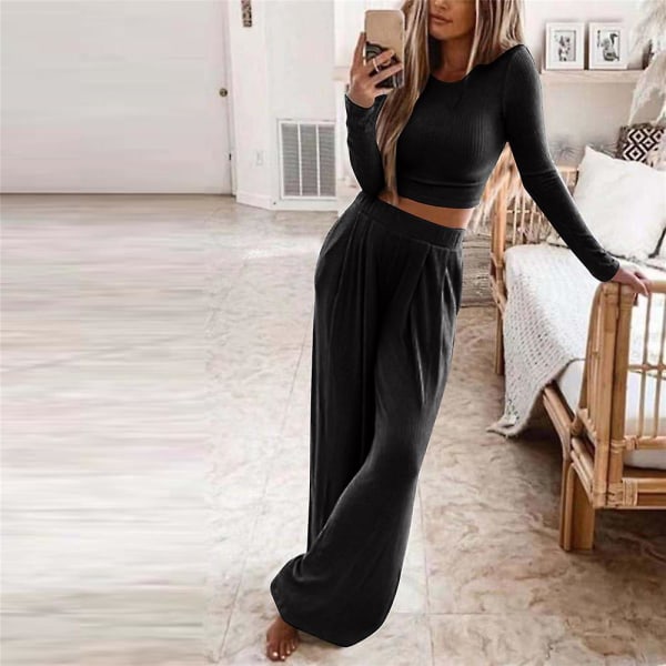 Kvinder Langærmet Outfit Sæt Strikket Loungewear Strikbukser Casual Wide Leg Bukser Sæt Black 2XL