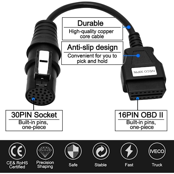 OBD2 Naaras 16-nastainen kaapeli - Uros 30-nastainen, Yhteensopiva Iveco kuorma-auton OBDII-diagnostiikkaskannerin kanssa