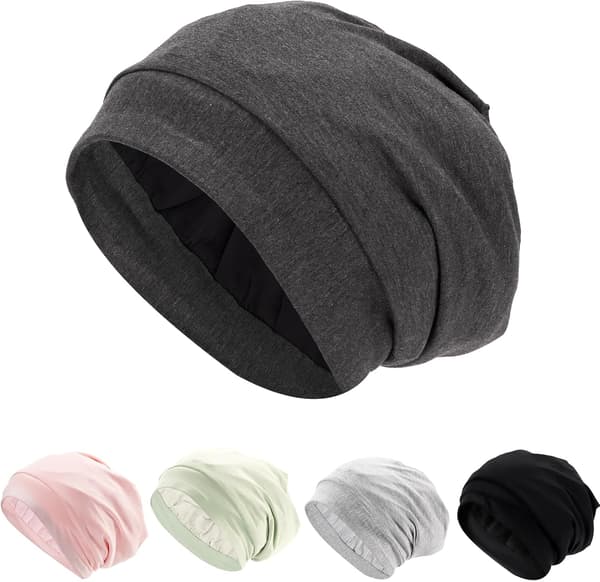 Dubbelt Lager Bambufiber Sovmössa, Satin Hårmössa för Kvinnor, Män, Lockigt Hår, Flätor med Justerbart Elastiskt Band - 1-pack, Mörkgrå